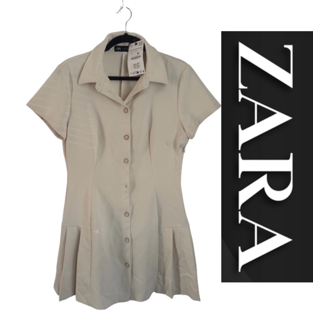 ZARA Cream Short-Sleeve Button Front Shirt Dress